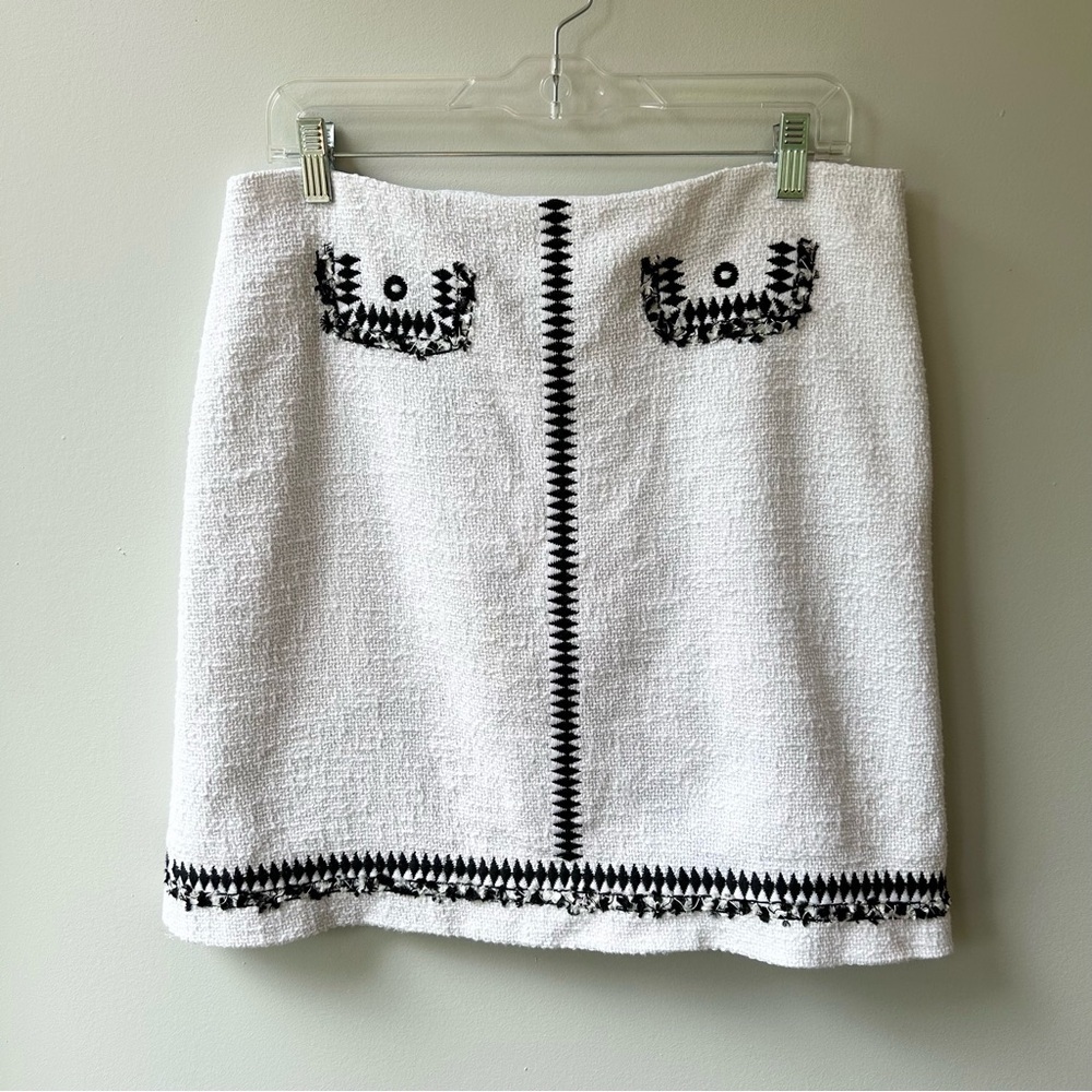 Worth New York tweed mini skirt with black embroidered detail